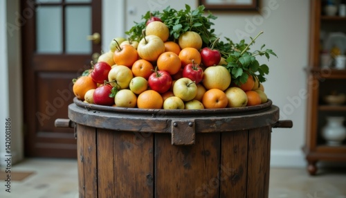 Overflowing trash bin with perfectly good fruits and vegetables, food wastage awareness
