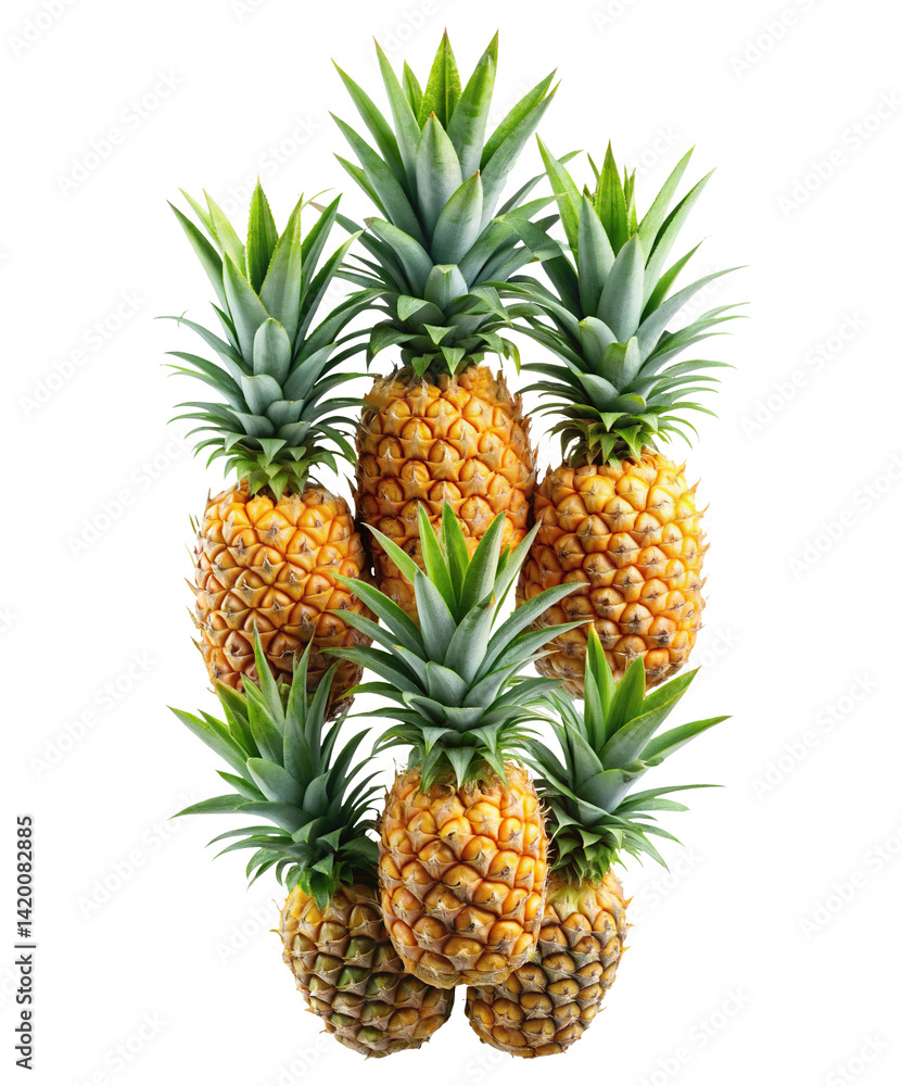 A harmonious arrangement of fresh pineapples on a clean white background
