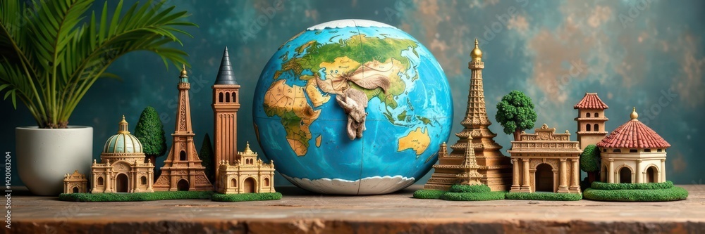 Naklejka premium Iconic world sights displayed on rustic tabletop, culture, promotional