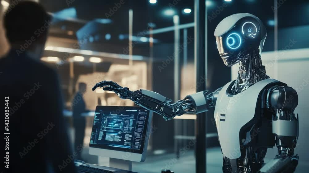 Futuristic Robot Assisting Human Colleague with Data Analysis in Modern Office Futuristic Robot Assisting Human Colleague with Data Analysis in Modern Office