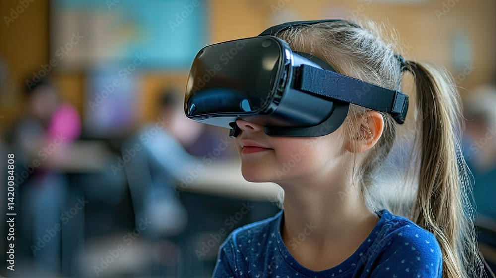 Young student immersed in a virtual reality learning session inside a classroom. Young student immersed in a virtual reality learning session inside a classroom.