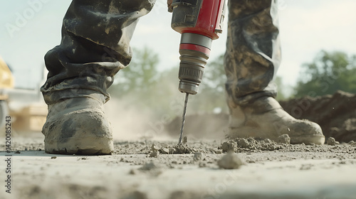Worker using pneumatic drill on concrete surface. Featuring energy and technique