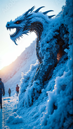 a frozen blue dragon in the snow