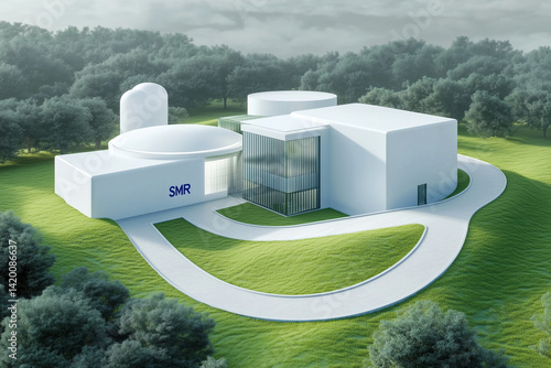 Small modular reactor (SMR) among cluster of modern buildings, nuclear energy, compact reactor, reactor plant, nuclear facility, forest landscape, grassy fields