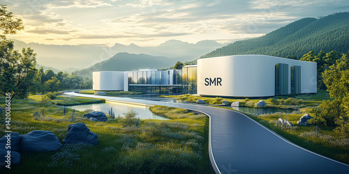 Small modular reactor (SMR) integrated into modern architecture, nuclear energy, compact reactor, reactor plant, nuclear facility, forest landscape, grassy fields