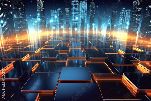 A futuristic cityscape where digital blocks form a dynamic structure, blending elements of cyberpunk and modern design to create a sense of technological breakthrough. Generative AI