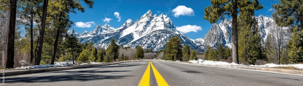 Fototapeta premium Scenic journey through majestic mountains grand highway landscape photography clear skies eye-level view nature's beauty