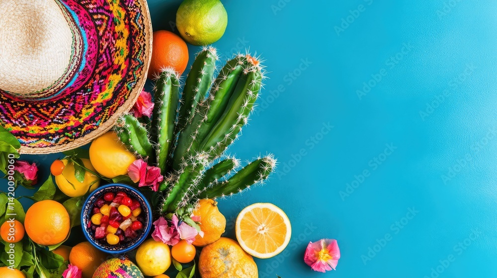 Tabletop cactus with humorous mustache and traditional sombrero, surrounded by colorful decorations and citrus fruits Tabletop cactus with humorous mustache and traditional sombrero, surrounded by colorful decorations and citrus fruits