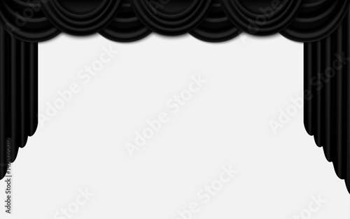 Heavy black swag theater curtains frame a large, bright white space. The opulent fabric is draped in elegant scallops at the top and falls in rich vertical folds on either side, creating a theatrical 