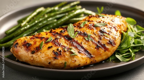 Crispy golden whole chicken roasted in honey mustard sauce, plated with savory garlic green beans and fresh greens