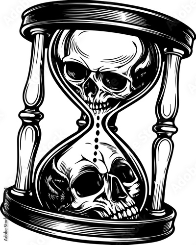 Dark Gothic-inspired tattoo art in detailed SVG vector style. Skull Hourglass Design Symbolizing Time and Mortality Concepts