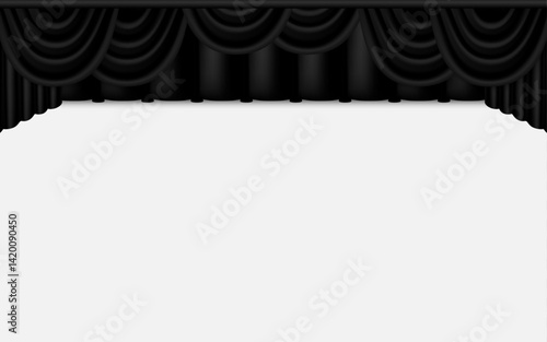 Black theater drapes with scalloped swags and vertical folds frame a large, bright white space. The heavy fabric creates a formal and theatrical border at the top.