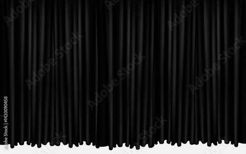 Heavy, dark black theater drapes hang vertically, creating deep folds and obscuring the background. The dense fabric suggests a closed stage curtain, ready for a performance to begin.