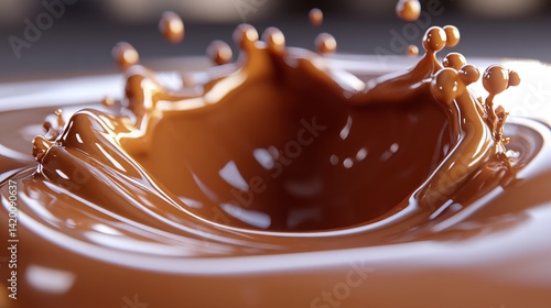 In a studio, a close-up shot showcases a dark brown chocolate splash with droplets on a white surface
