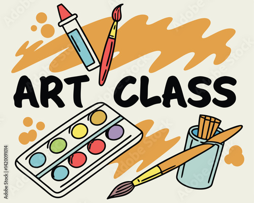 Digital Illustration of Art Class Theme with Paint Supplies and Graffiti Text