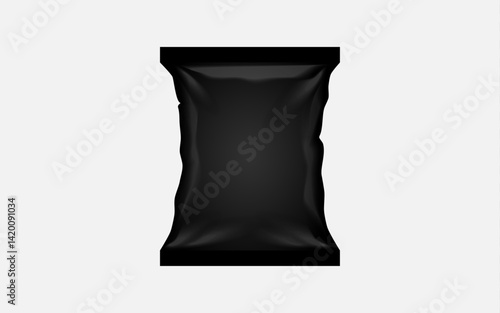 A blank, glossy black flexible pouch stands vertically against a plain light gray background. The sealed packaging has a slightly crumpled appearance, suggesting it contains a food or product item.