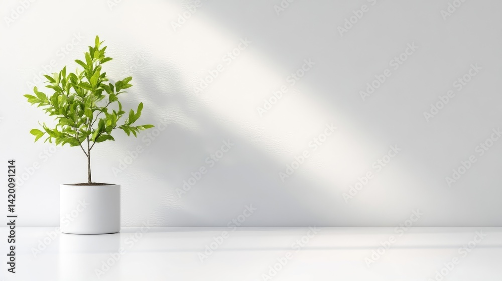 A small green plant in a white pot standing on a white surface against a minimalist white wall, natural light casting a soft shadow, and serene indoor setting. A small green plant in a white pot standing on a white surface against a minimalist white wall, natural light casting a soft shadow, and serene indoor setting.