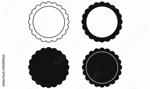 Scalloped circle badge icons in outline and solid black style. Perfect for labels, seals, logos, stamps, certificates, frame or decorative design elements
