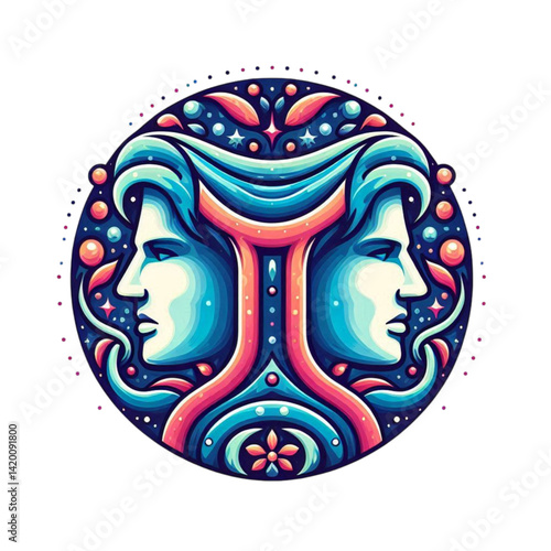 Gemini Zodiac Symbol with Artistic Illustrations in Vibrant Colors  