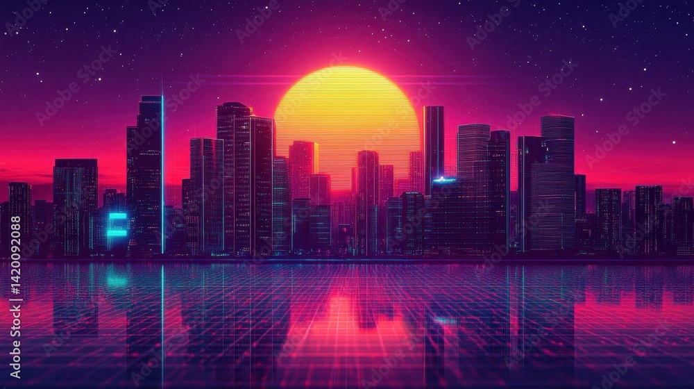 Fototapeta premium Vibrant retro cityscape at sunset, reflecting on a digital surface.