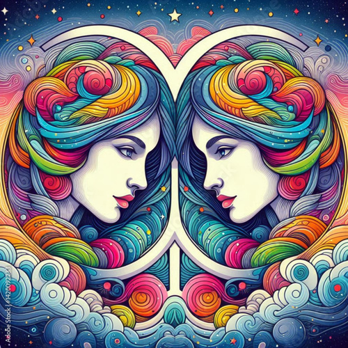 Colorful Portraits of Two Women against a Cosmic Background  