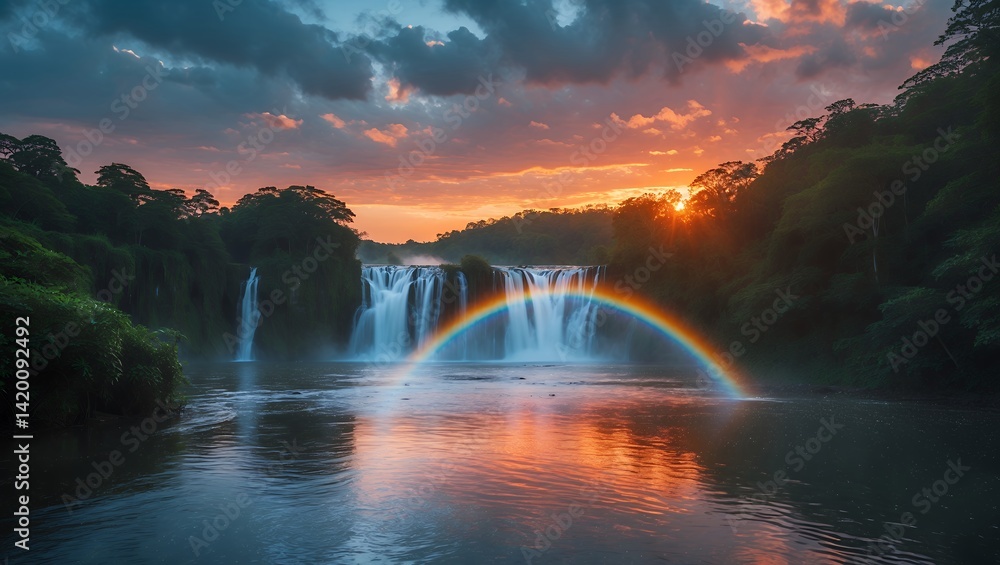 Waterfall Landscape with Rainbow and Reflections at Scenic Sunset Waterfall Landscape with Rainbow and Reflections at Scenic Sunset