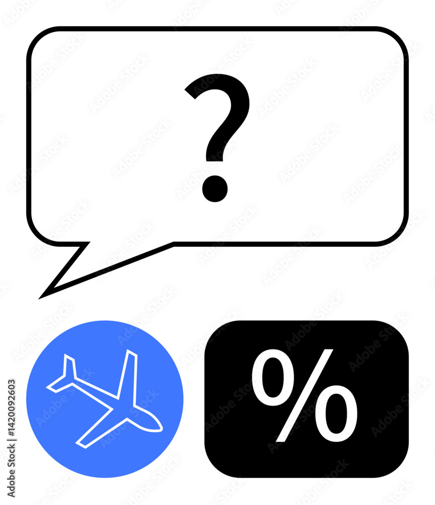 Question mark inside a speech bubble representing inquiry, blue airplane icon for travel, percentage symbol for discount. Ideal for travel, savings, questions, tourism, budget planning, deals Question mark inside a speech bubble representing inquiry, blue airplane icon for travel, percentage symbol for discount. Ideal for travel, savings, questions, tourism, budget planning, deals