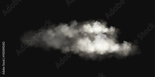 A wispy, white cloud floats against a stark black background. The soft edges and varying density of the cloud create a contrast with the darkness, suggesting a solitary weather element.