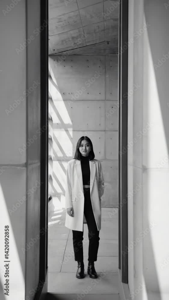 Stylish woman posing in minimalist architecture doorway with geometric shadows in a black and white portrait Stylish woman posing in minimalist architecture doorway with geometric shadows in a black and white portrait