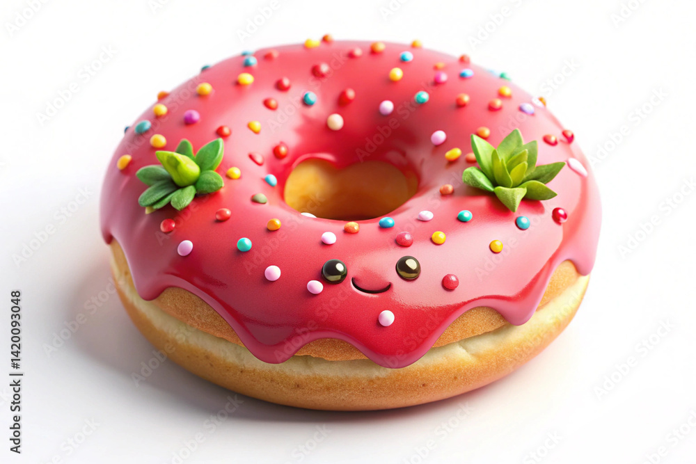 Donut Delight: A delectable, close-up view of a brightly colored donut with a smiley face and toppings, it is sure to tantalize the taste buds with its delightful appearance. Donut Delight: A delectable, close-up view of a brightly colored donut with a smiley face and toppings, it is sure to tantalize the taste buds with its delightful appearance.