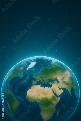 Realistic view of planet Earth from space showing continents, oceans, and atmosphere. Environmental awareness, global geography, and nature preservation theme.