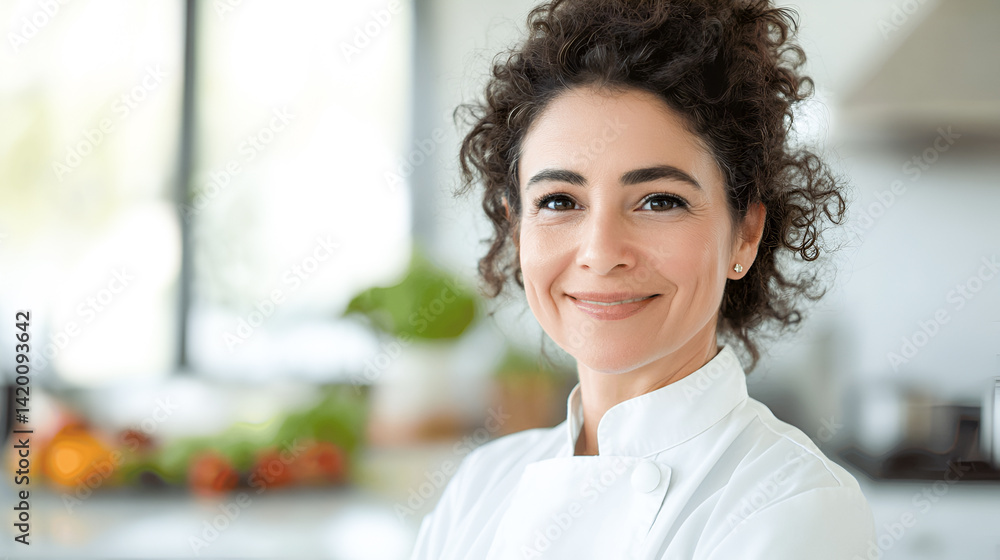 Portrait of female chef isolated on white