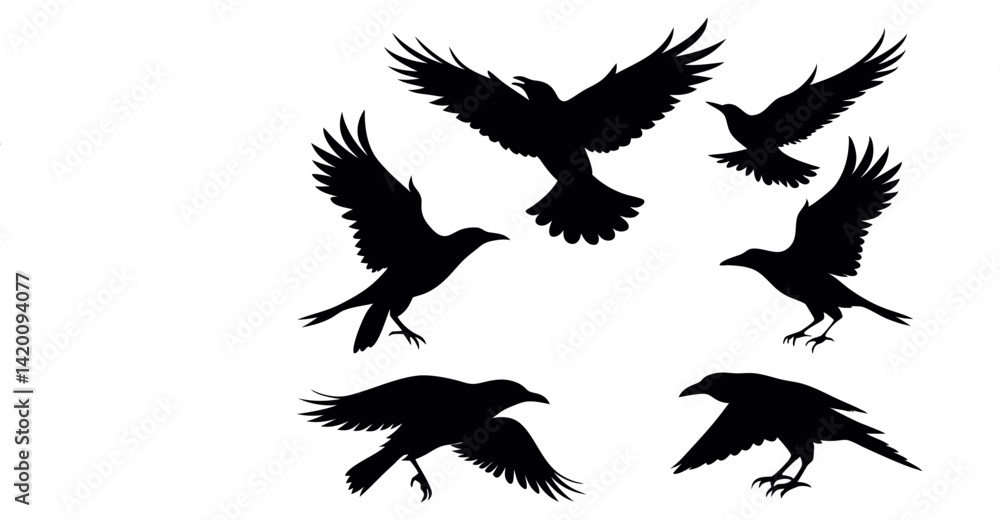 Fototapeta premium Silhouette Crow Vector Set – Black Bird Clipart Designs for Tattoos, Logos, and Art