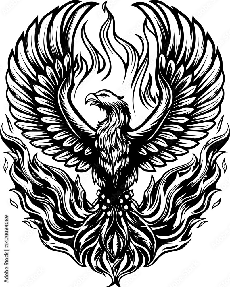 Mythical and fantasy-inspired tattoo art in detailed SVG vector style. Majestic Phoenix Rising from Flames with Intricate Feather Detail Mythical and fantasy-inspired tattoo art in detailed SVG vector style. Majestic Phoenix Rising from Flames with Intricate Feather Detail