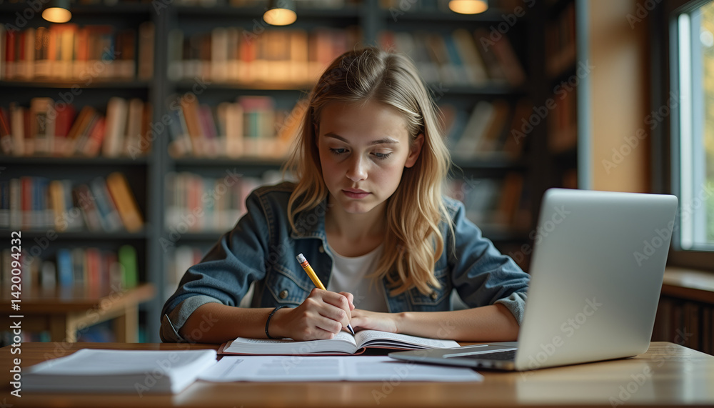 Student focused on studying in a library with laptop Student focused on studying in a library with laptop