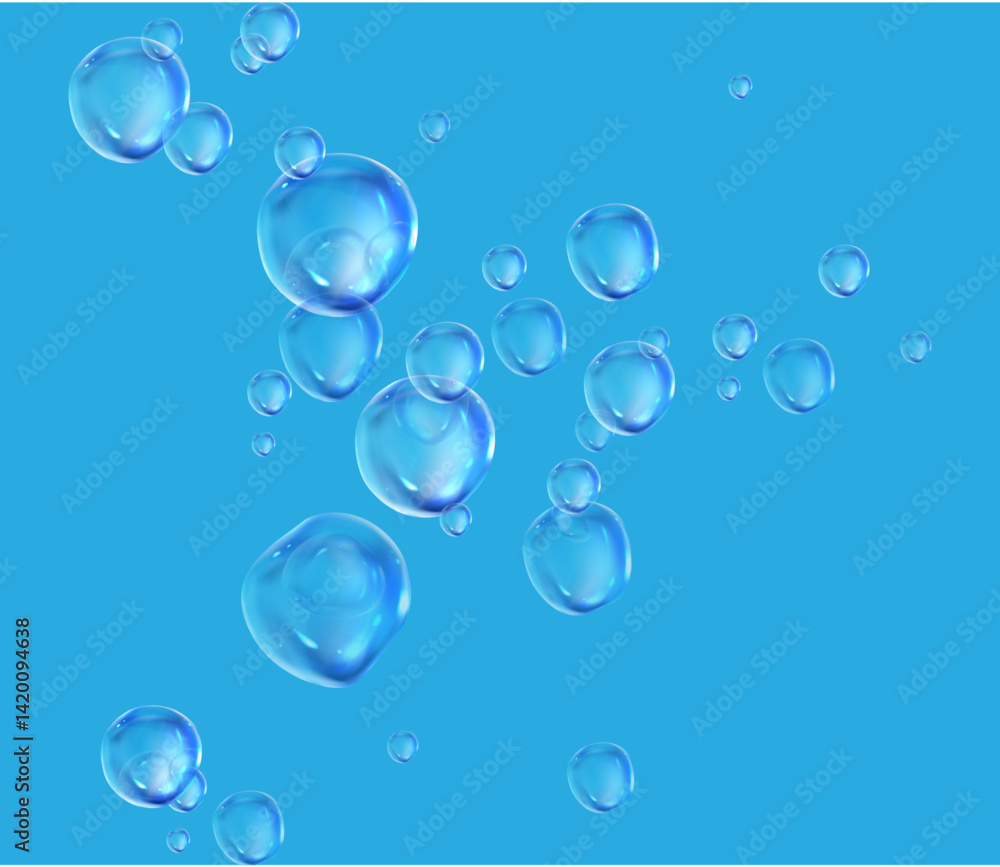 Transparent blue soap bubbles of various sizes float upwards against a bright blue background. The spherical shapes reflect light, creating highlights and a sense of buoyancy and cleanliness. Transparent blue soap bubbles of various sizes float upwards against a bright blue background. The spherical shapes reflect light, creating highlights and a sense of buoyancy and cleanliness.