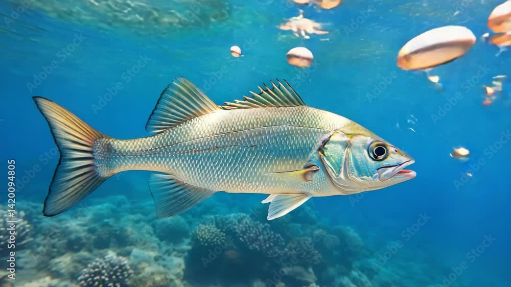 Silver fish swimming in the turquoise sea with bubbles over coral reef in clear tropical waters Silver fish swimming in the turquoise sea with bubbles over coral reef in clear tropical waters