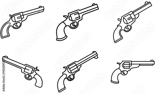 Vector Revolver Line Drawing Set  Handgun Illustrations