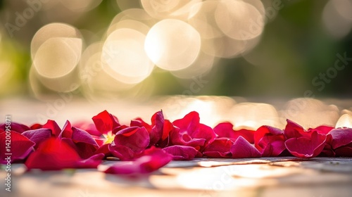 Wallpaper Mural Red rose petals scattered against a blurred background of lights Torontodigital.ca