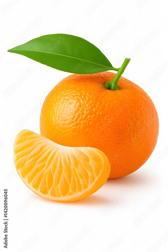 Whole orange with green leaf and a juicy slice isolated on white background. Fresh citrus fruit perfect for vitamin C, healthy diets, and breakfast ideas. Whole orange with green leaf and a juicy slice isolated on white background. Fresh citrus fruit perfect for vitamin C, healthy diets, and breakfast ideas.