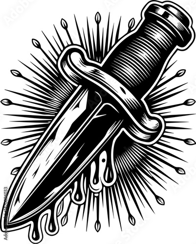 Sacred geometry and mandala-inspired tattoo art in intricate SVG vector designs. Vintage Dagger Illustration with Decorative Elements and Blood Drops