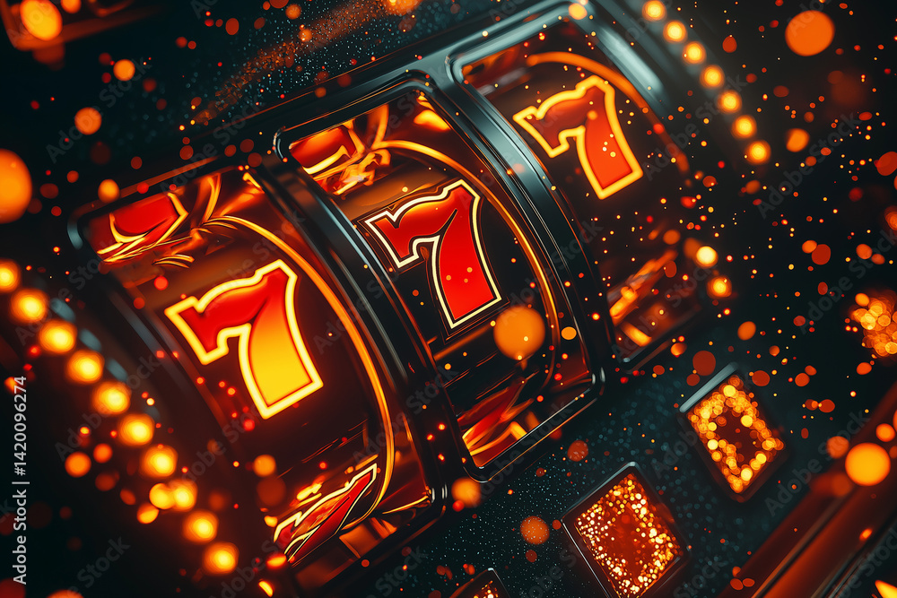 Obraz premium Close-up view of a slot machine showing triple sevens jackpot symbols. Vibrant and detailed image of a slot machine in casino featuring winning jackpot spin.