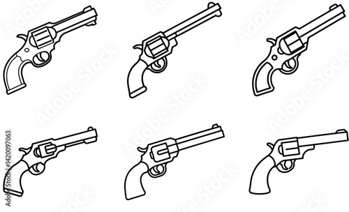 Vector Revolver Line Drawing Set  Handgun Illustrations