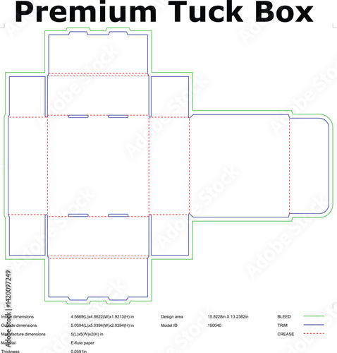 Premium tuck box diecut template vector design with dimensions for packaging