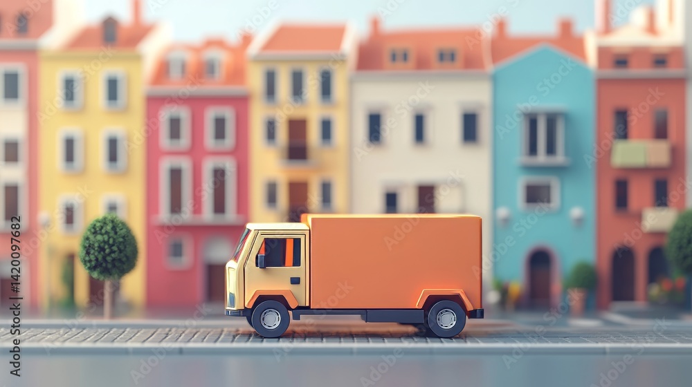 An orange delivery truck is situated on a city street with trees and buildings visible in the background under sunny conditions An orange delivery truck is situated on a city street with trees and buildings visible in the background under sunny conditions