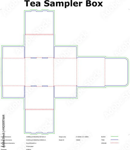 Tea sampler box packaging diecut template with dimensions for manufacturing and design