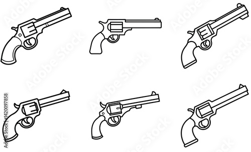 Vector Revolver Line Drawing Set  Handgun Illustrations