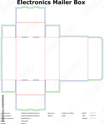 Electronics mailer box diecut template technical drawing for packaging design and manufacturing