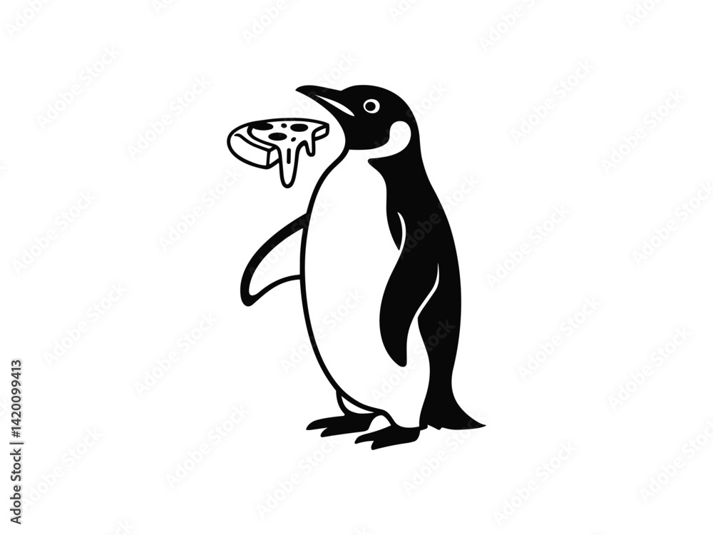 Naklejka premium Penguin Eating Pizza Cute Vector Silhouette