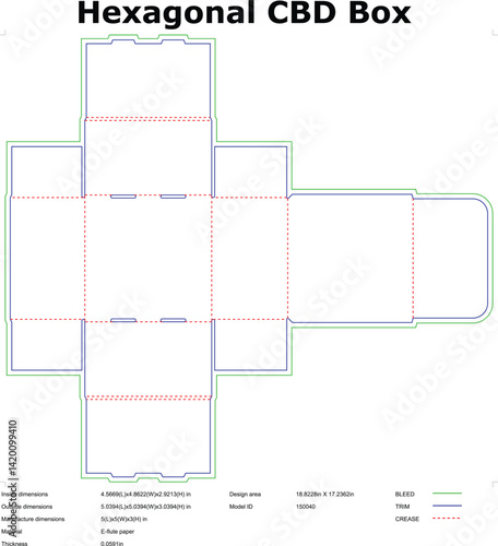 Hexagonal cbd box packaging template vector diecut with bleed trim and crease lines for manufacturing